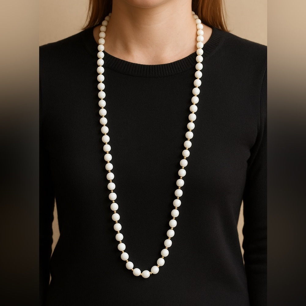 Vintage white bead necklace w/ gold-tone spacers, long strand, spring-ring clasp